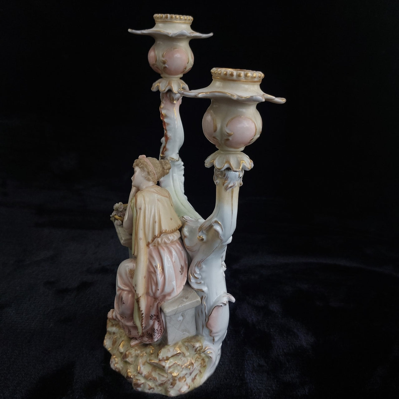 Antique German Victorian Porcelain Flowerscandle hold Candelabra Lady Gold Gilt4