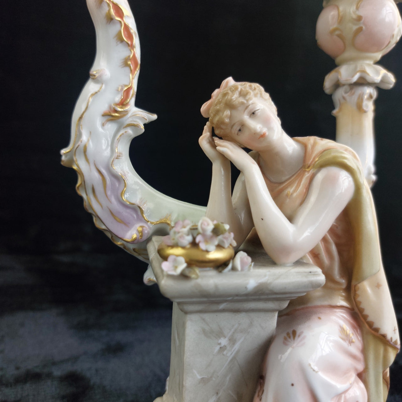 Antique German Victorian Porcelain Flowerscandle hold Candelabra Lady Gold Gilt2