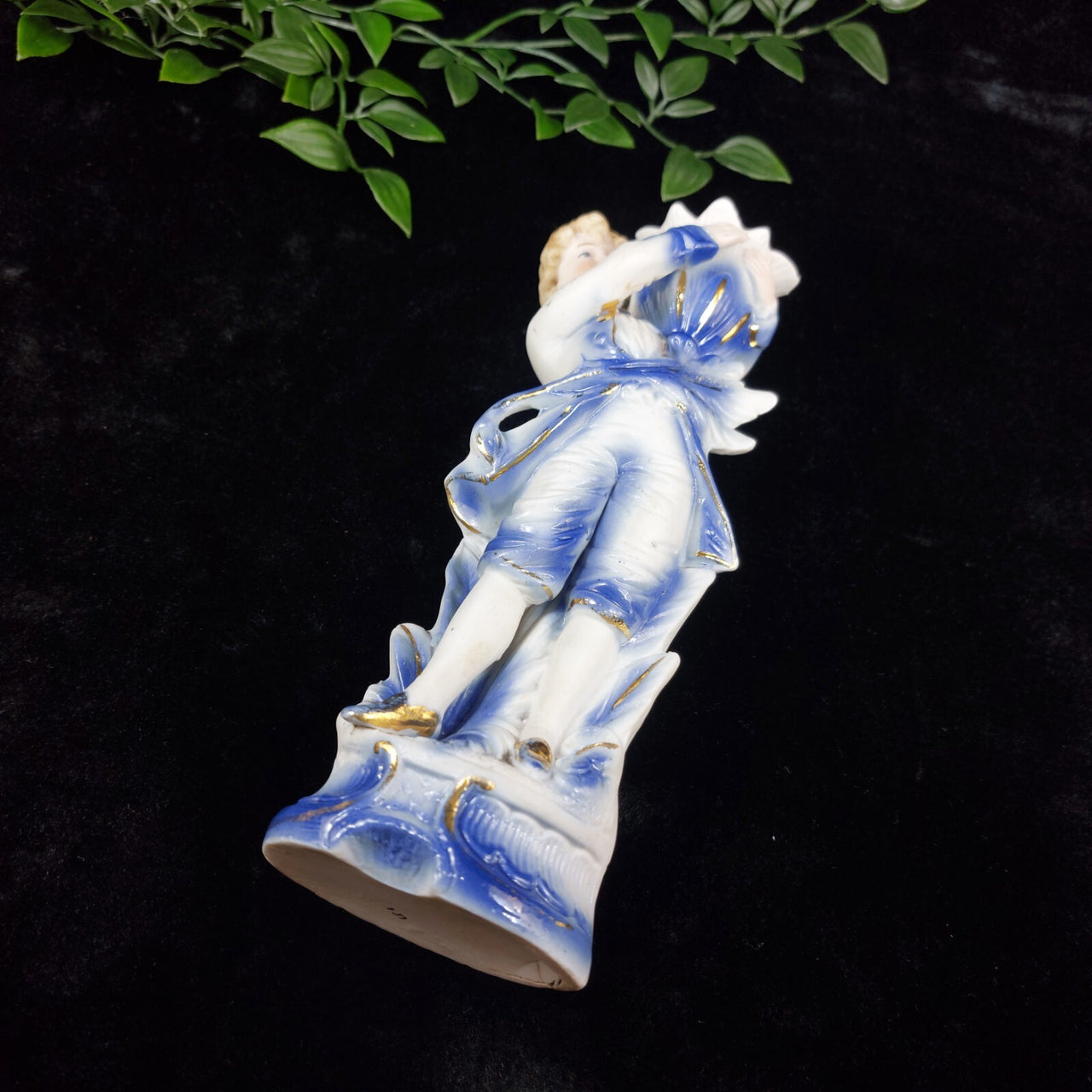 Antique Bisque German Porcelain Candle Holder Figurine Blue & Gold Accents 9"13
