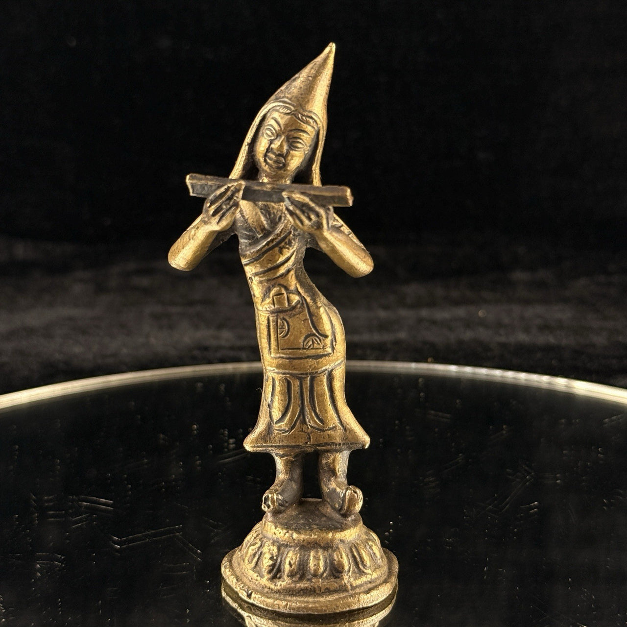 Antique Thai Bronze Dancer Statue Brass Asian Gilt Flute Player Tibetian 4.5” 1