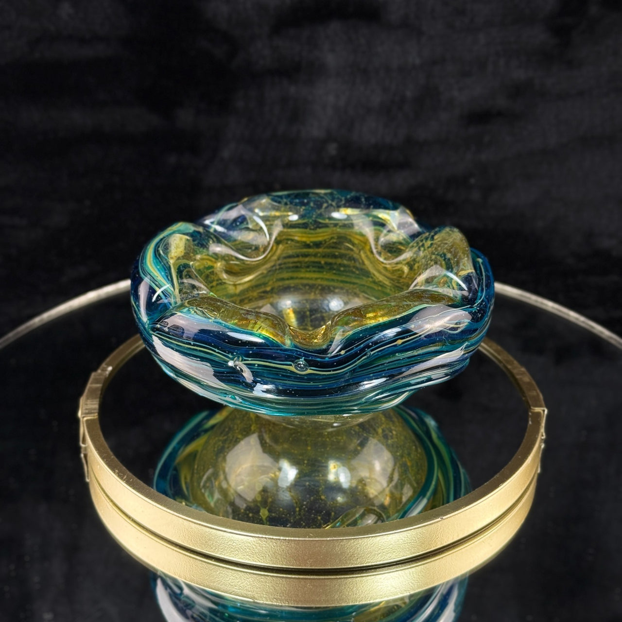 Mdina Malta Art Glass Ashtray 80s Blue Yellow Swirl 13cm Heavy see the pics deco1