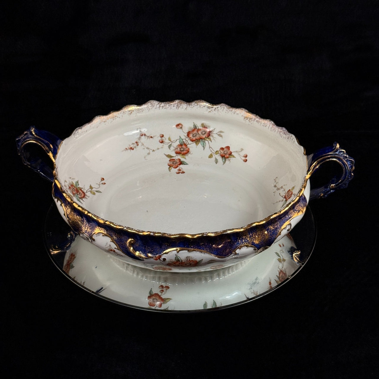 K&C Royal Semi Porcelain Bowl Cobalt Blue Gold Blossom Floral 10" England navy1