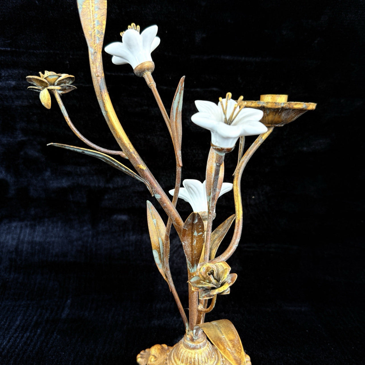 Italian Style Bronzed Brass Floral Candlestick White Ceramic Flowers gift 40cm12