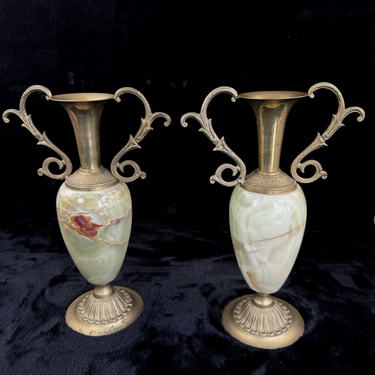 Brass Green Onyx Marble Urn Vases Pair Ornate Handles Decor 35 cm Medium0