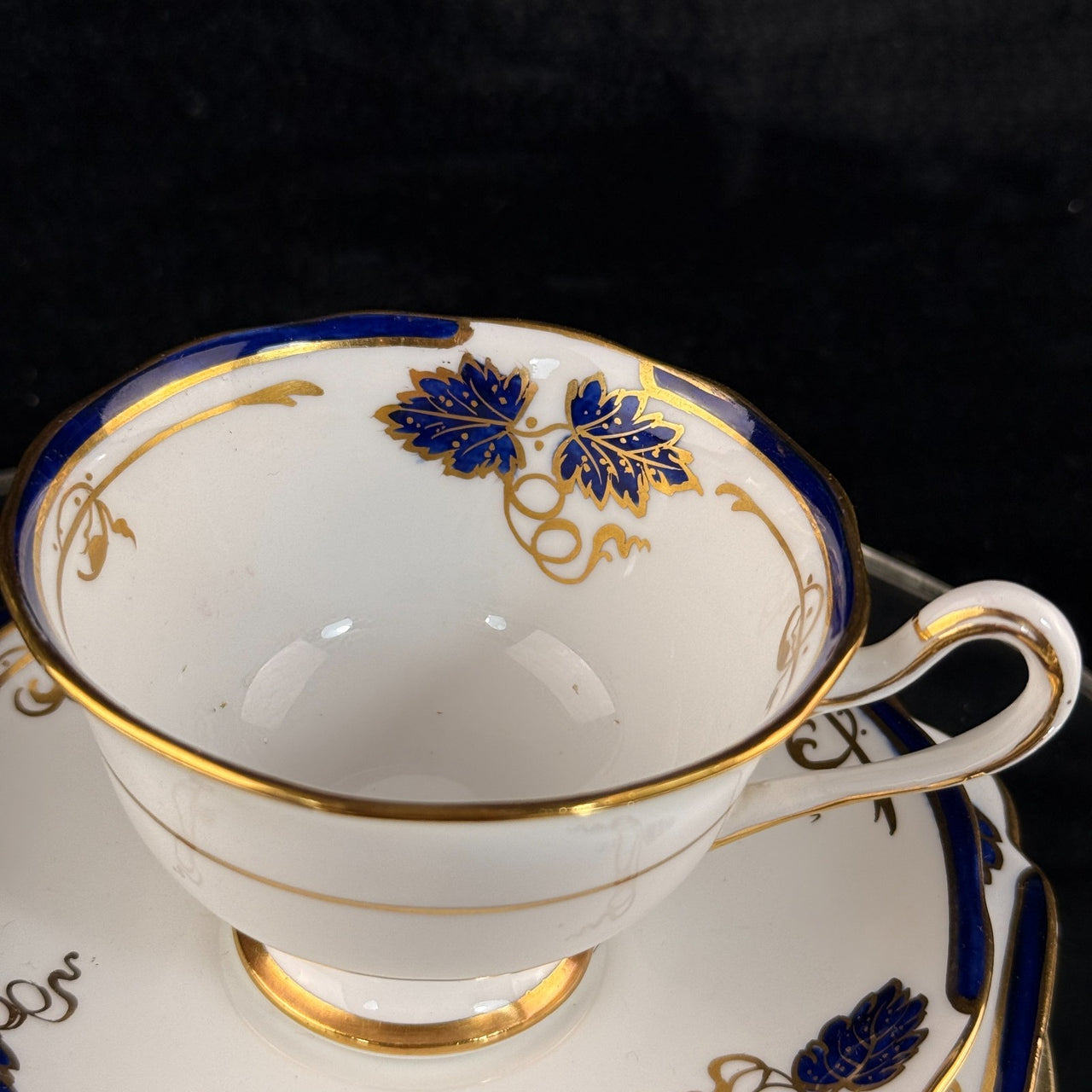 Rare Royal Albert Crown China Blue Gold Leaf Tea Set Trio x2 & Jug England 1930s7