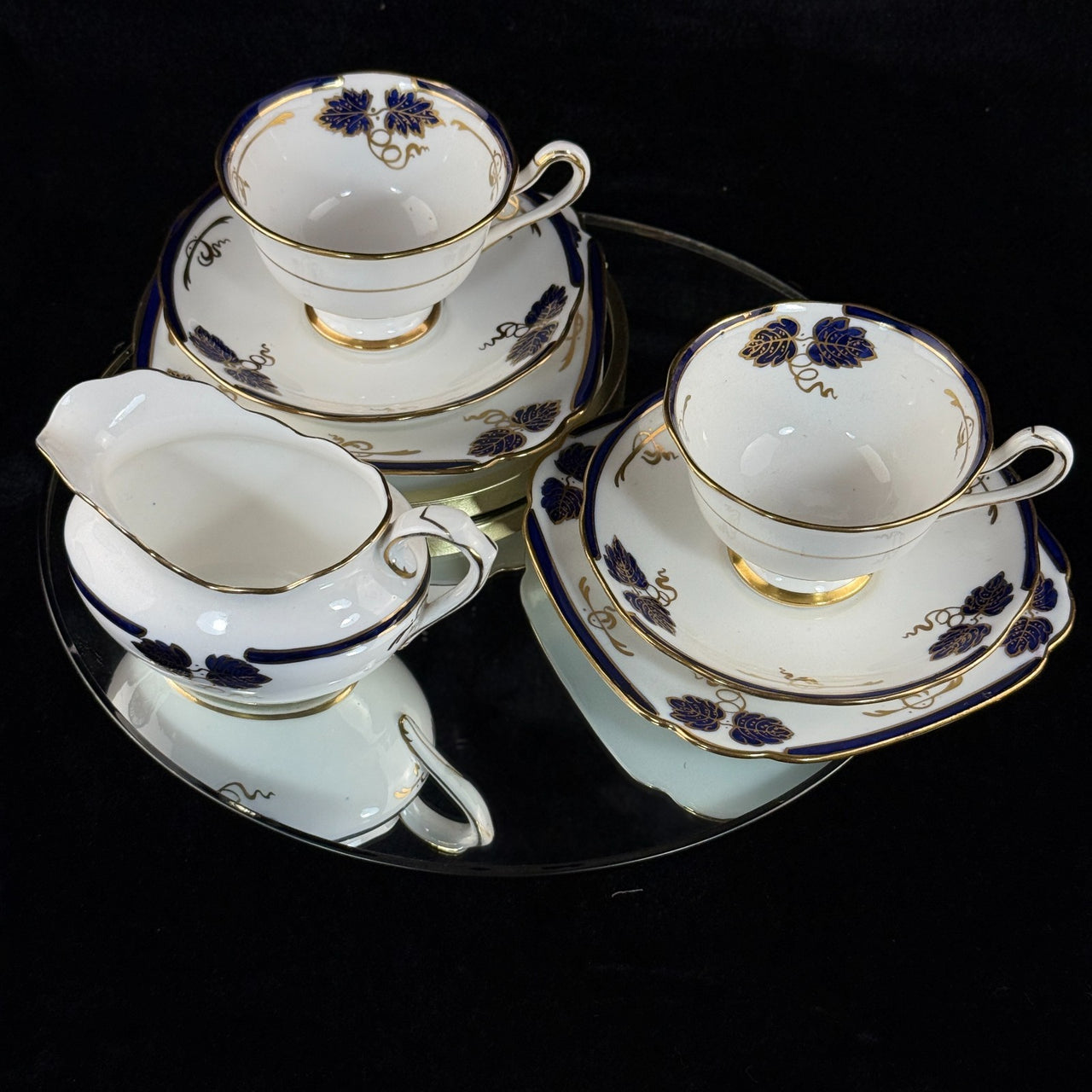 Rare Royal Albert Crown China Blue Gold Leaf Tea Set Trio x2 & Jug England 1930s19