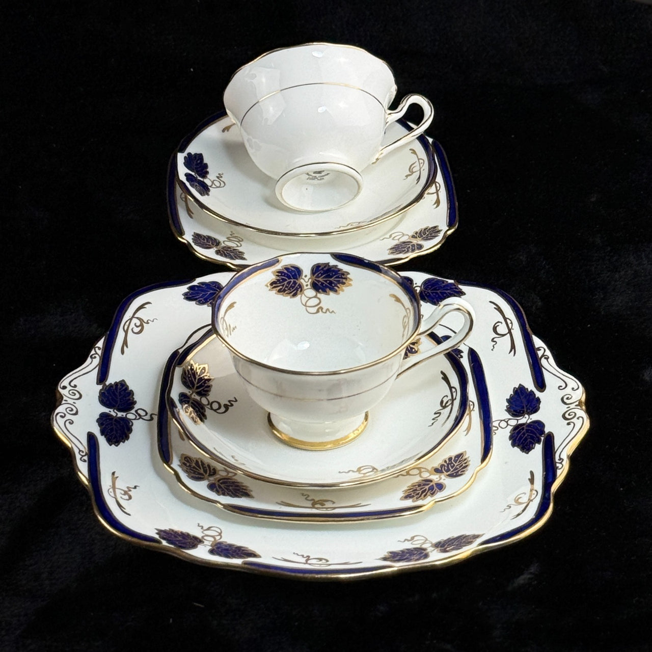 Rare Royal Albert Crown 1930s Cobalt Blue 2 Trios & Cake Plate Set England. 21