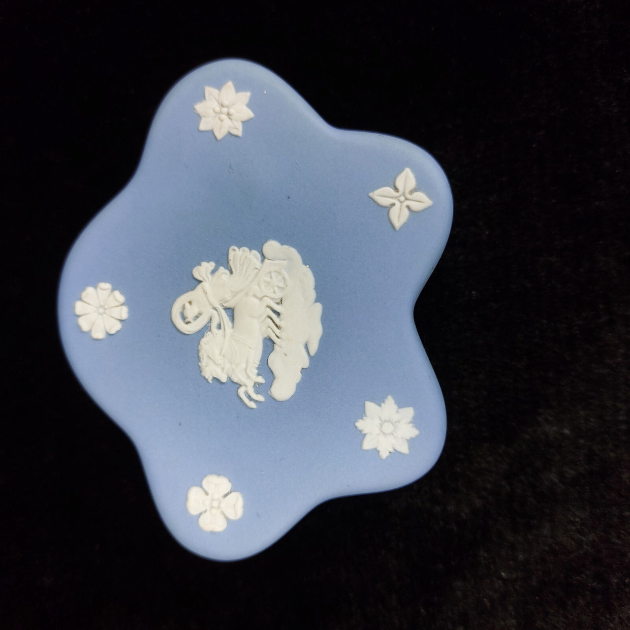 Wedgwood Blue Jasperware Trinket Small Pentagon   Box , Cherub Mot   & Floral  1