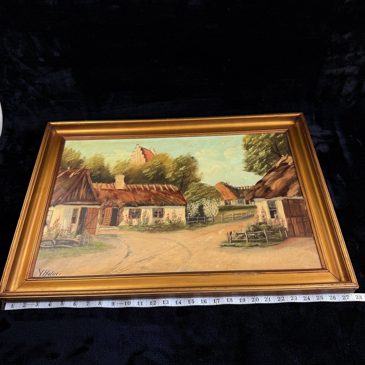 Original Oil Painting on Canvas Signed Y. Holm - Thatched Landscape Cottages17
