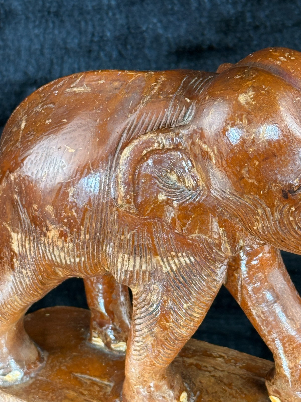 Hand Wooden Carved Elephant Pair – India Figures with Pink Resin Tusks 7 Vintag13