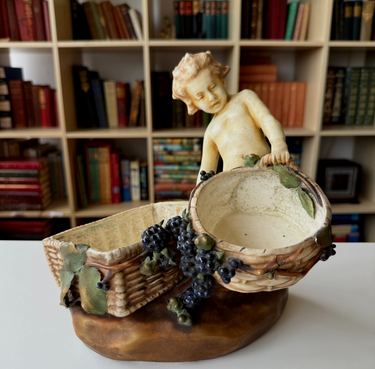 Antique Putti Figurine Planter with Wicker Baskets and Berries  Majolica Style1