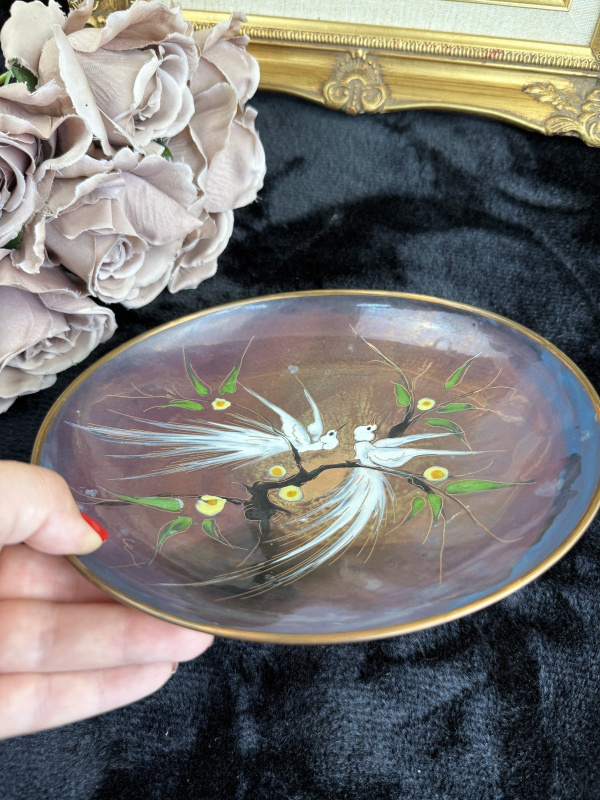 Vintage Enamel on Copper Plate with Iridescent Birds Design2