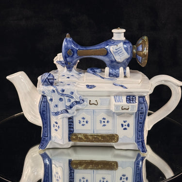 Novelty Sewing Machine Teapot White Blue  Gold Ceramic Stitching Theme see pics1