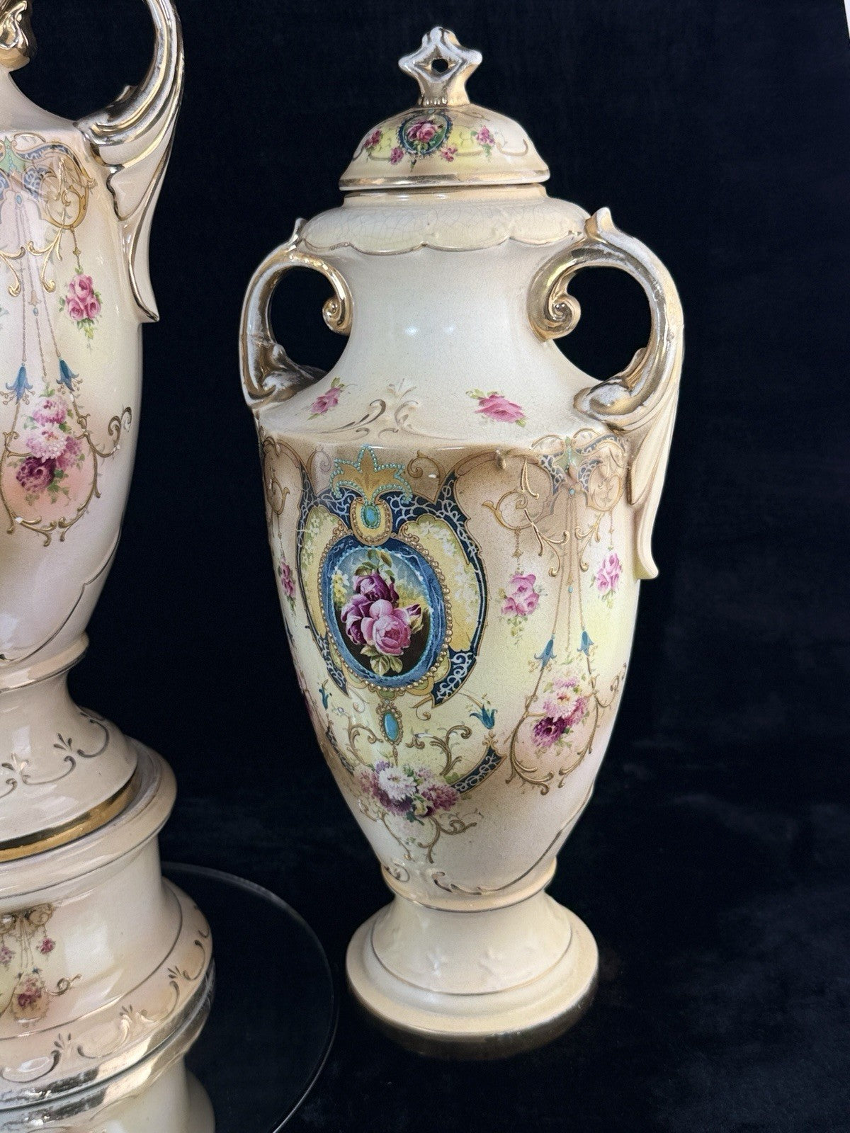 Antique English Alton Ware Urns Set Hand Painted Roses Gilded Porcelain Vase Set3