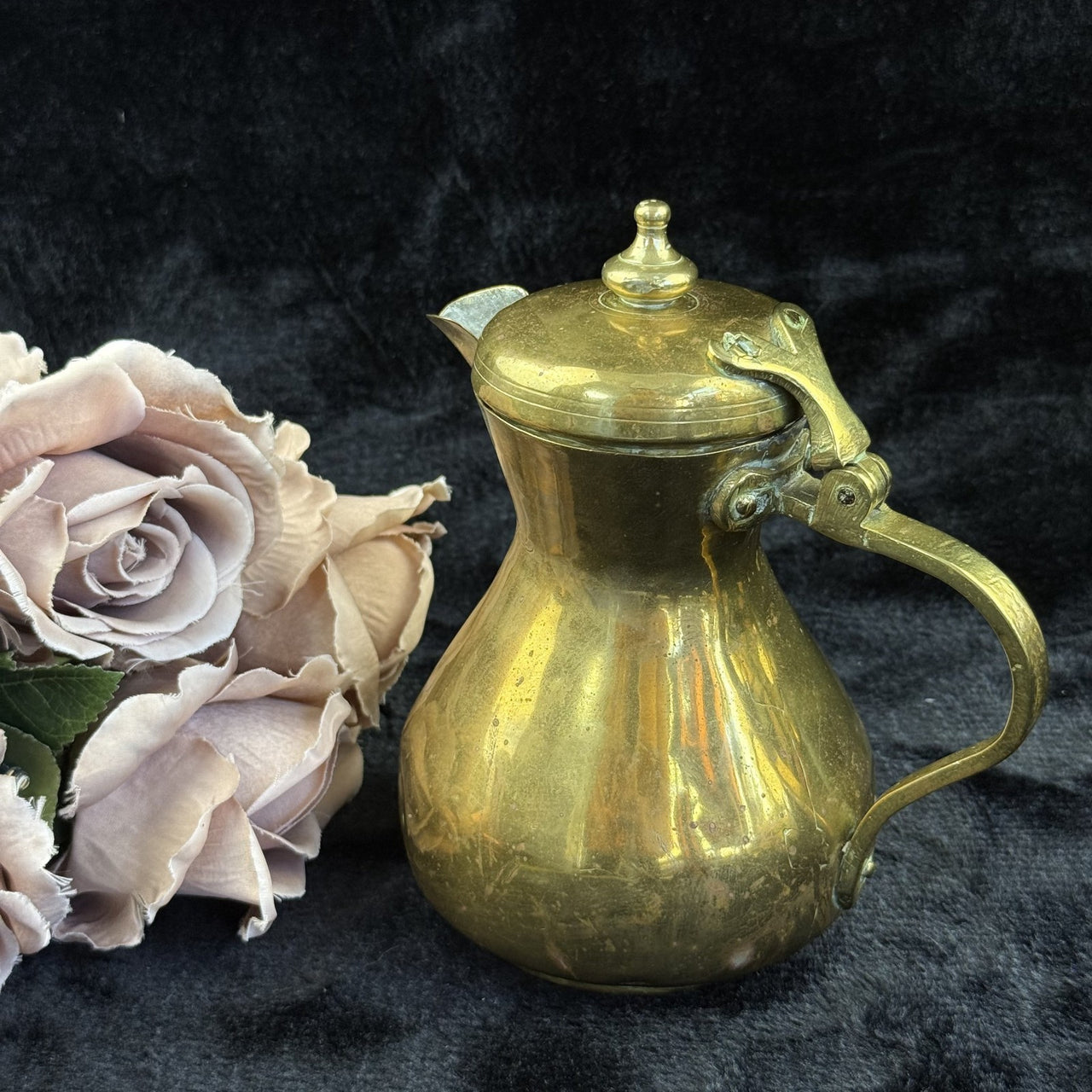Brass Antique Tankard or Pouring Vessel w Hinged Lid gold brass victorin pitcher8