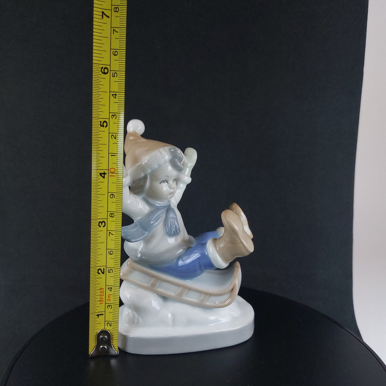 Vintage German Porcelain Child on Sled Figurine Winter Scene Ornament 12cm15