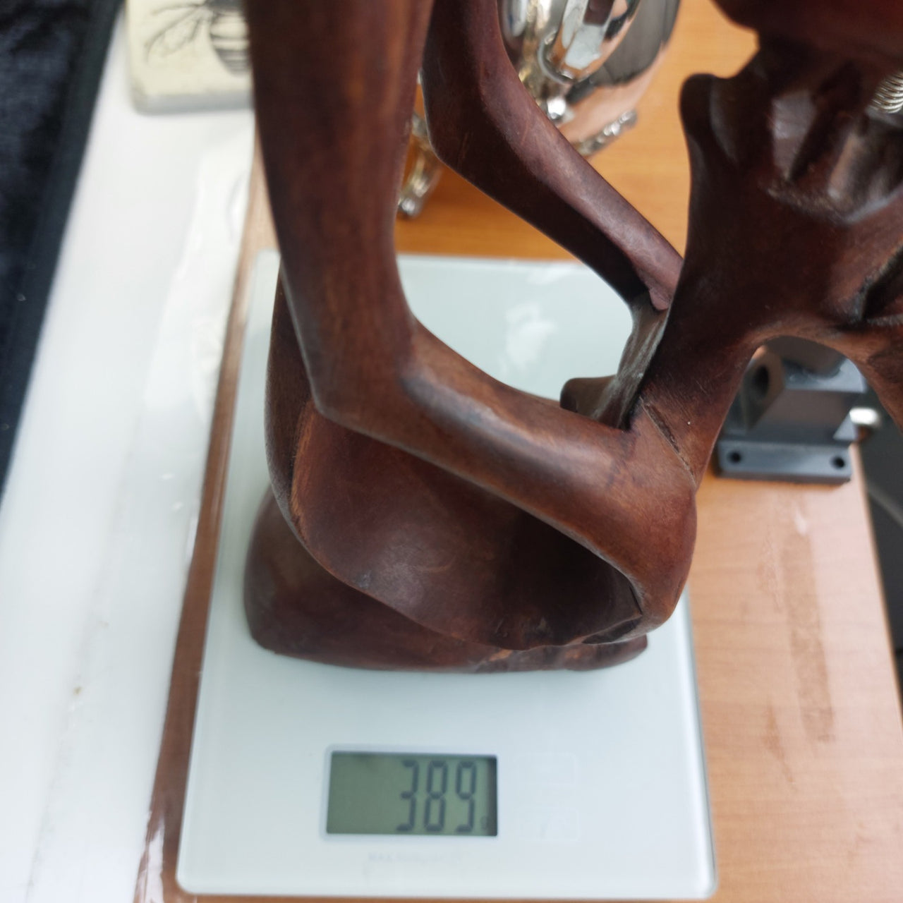 Abstract Hand Carved Wood Kissing Couple Sculpture – worn base 11" Tall, African11