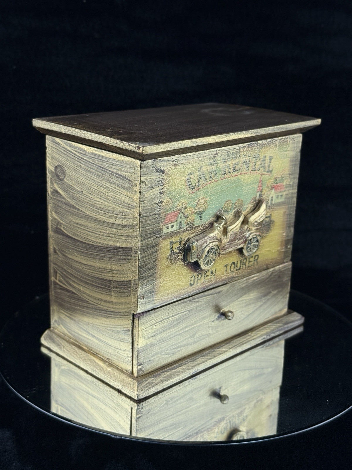 Vintage Wooden Car Rental Open Tourer Trinket Box Drawer Chest Rustic Desk Box1