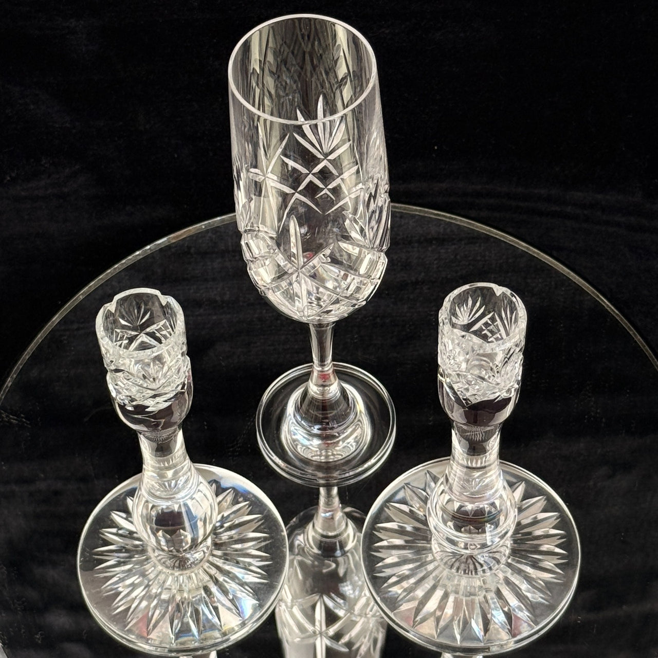 Vintage Cut Crystal Glassware Set – 6 Champagne Flutes & 2 Candlestick Holders14
