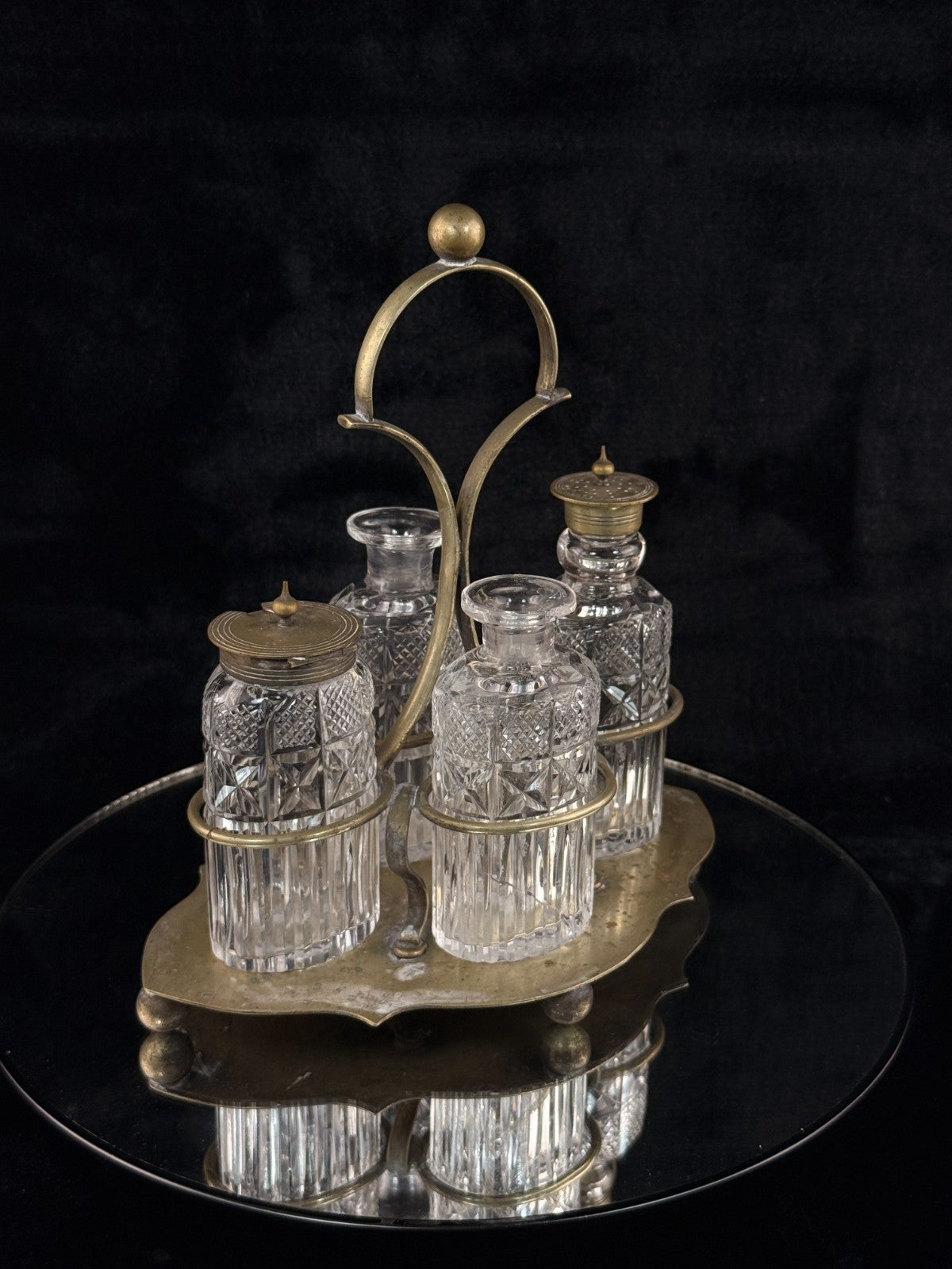 Antique Brass & Cut Glass Cruet Set Four Bottle Table Castor Stand Marked EPNS.5
