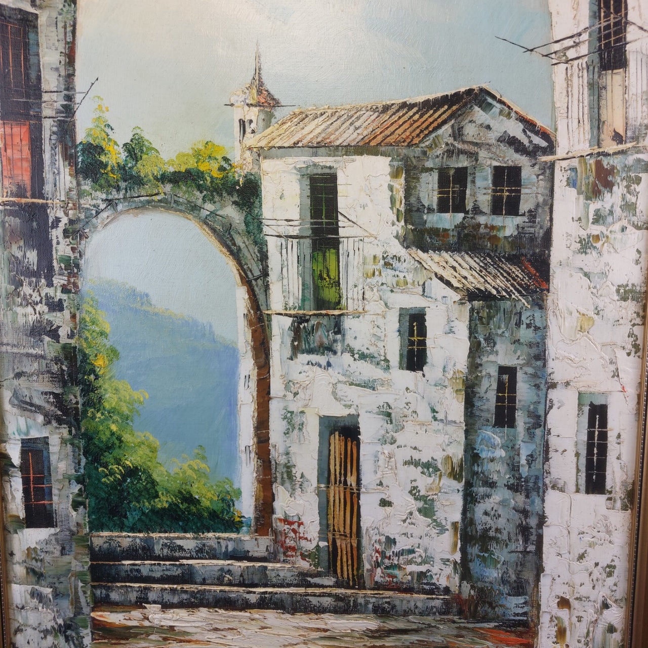 Vintage Framed Oil Painting Signed by Maria European Village Scene Gold Frame5