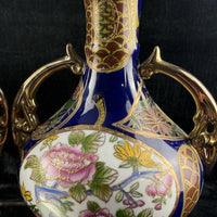 Thumbnail for Japanese Blue Cobalt Porcelain Vases Pair Gold Gilt Floral Moriage Antique Decor20