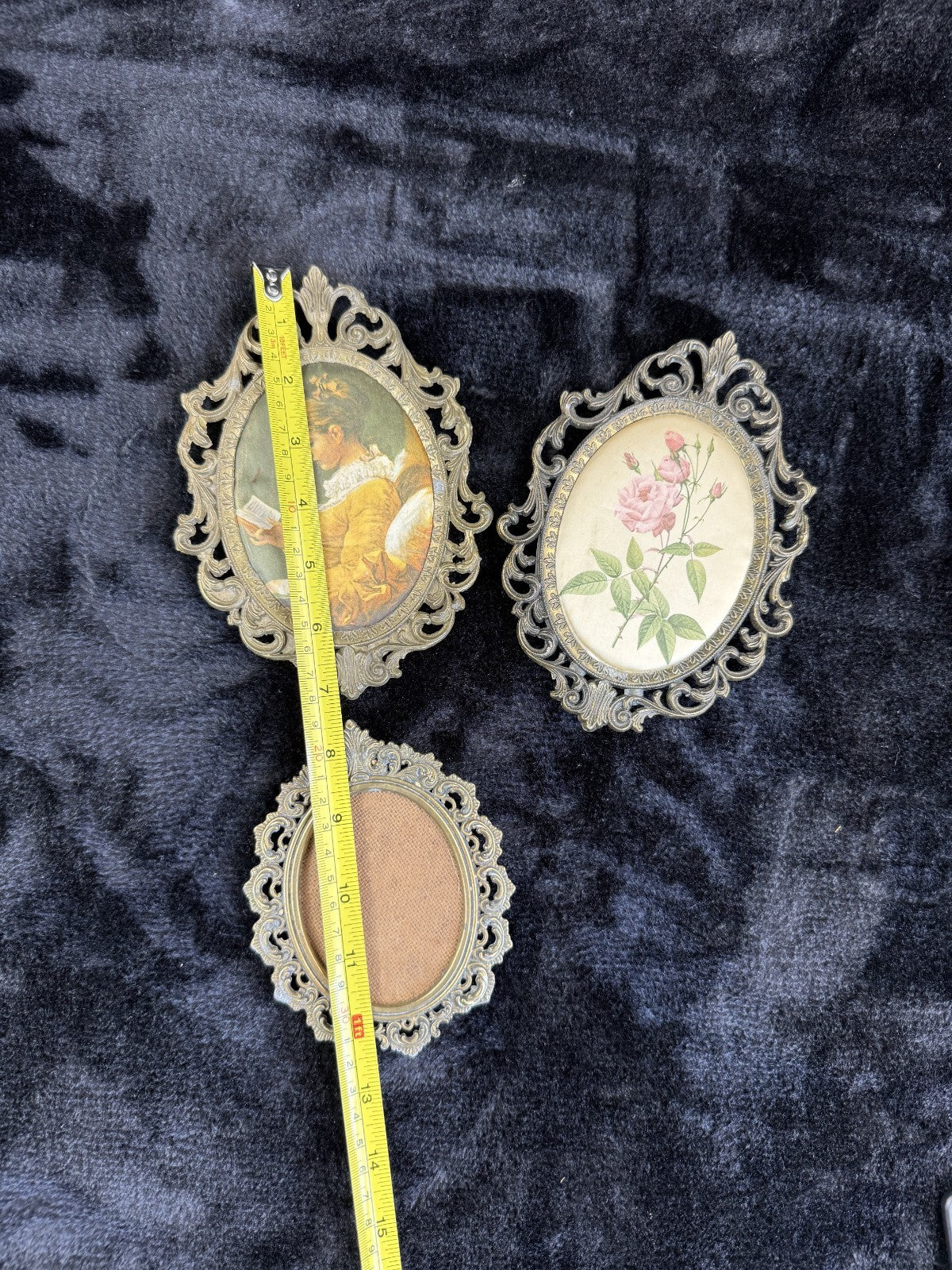 Italian Vintage/Antique Brass Oval Frames with Fabric Prints - Set of 3 Italy5