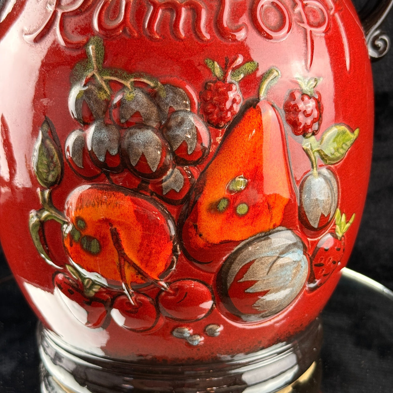 West Germany Rumtopf Jar Red Glazed Fruit Motif 13" Ceramic 2.6 kg9