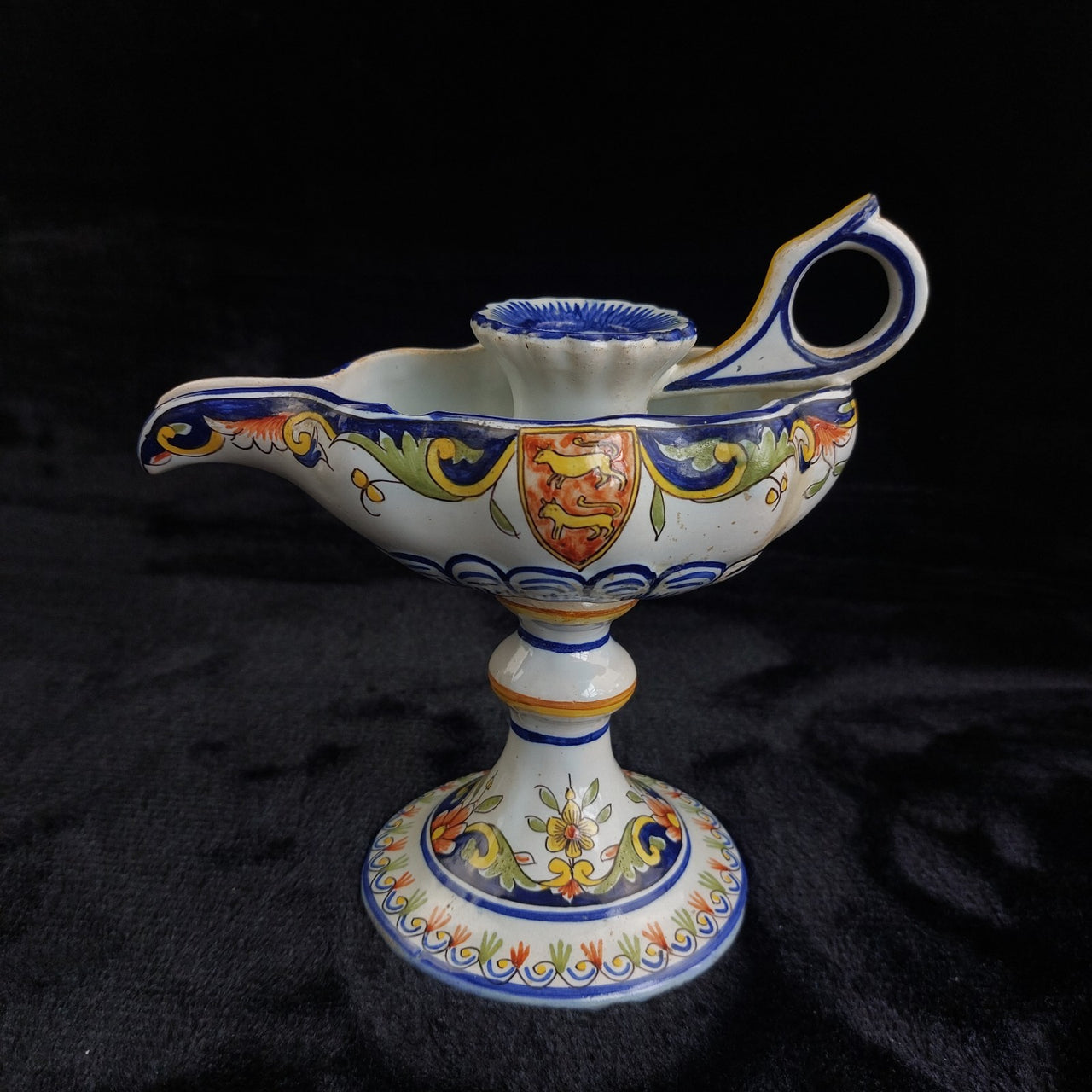 Italian Antique Majolica Faience Candle Holder Floral Hand Painted Coat of Arms 1