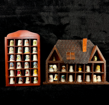 Vintage Porcelain Thimble Collection x40 with 2 Wooden Display Racks Travel Souv0