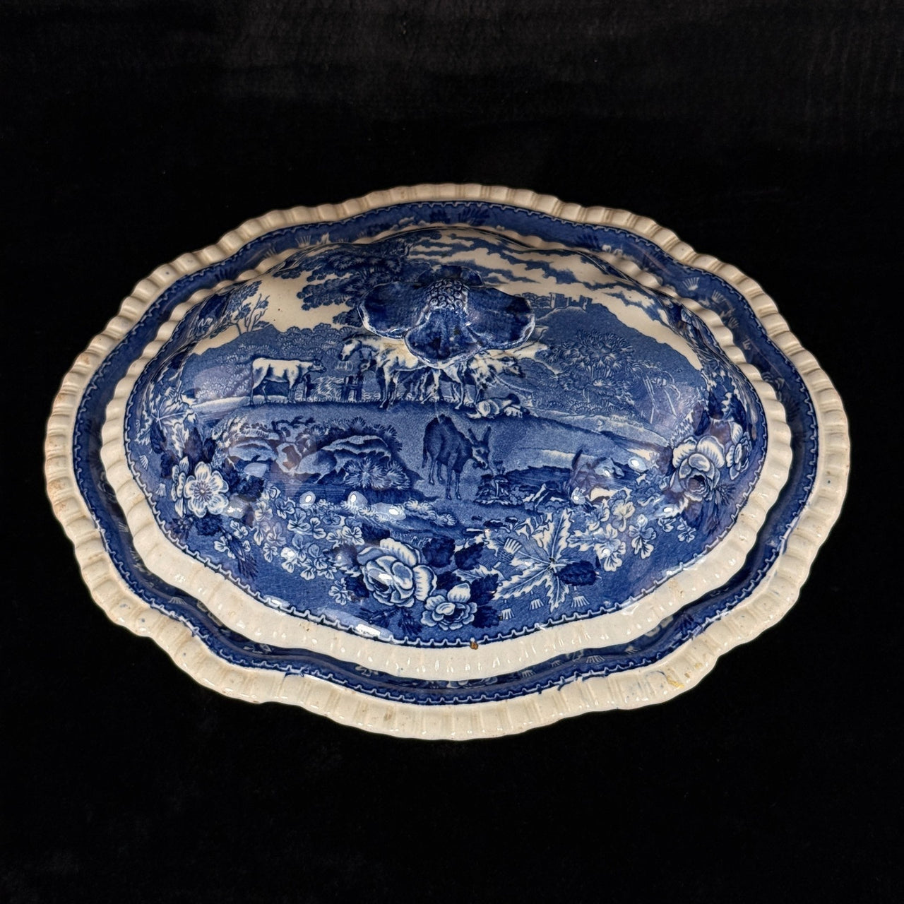 Adams Cattle Scenery Blue Transferware Tureen with Lid 11" England Ironstone10