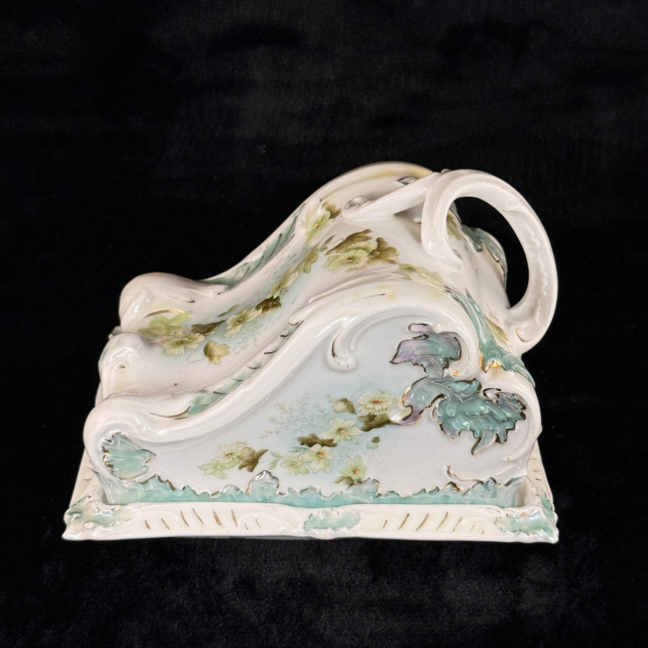 Antique Porcelain butter dish Tureen Art Nouveau Floral Green Gilt Handle 9"x8"18