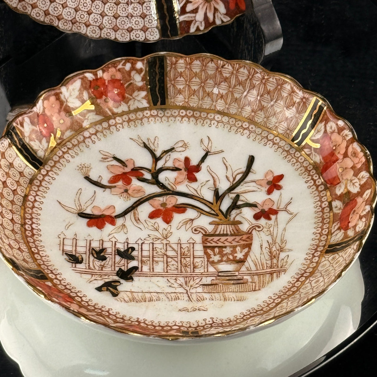Bradford China Fenton Tea Trio Red Floral Gilt Antique Cup Saucer Plate deco Set5