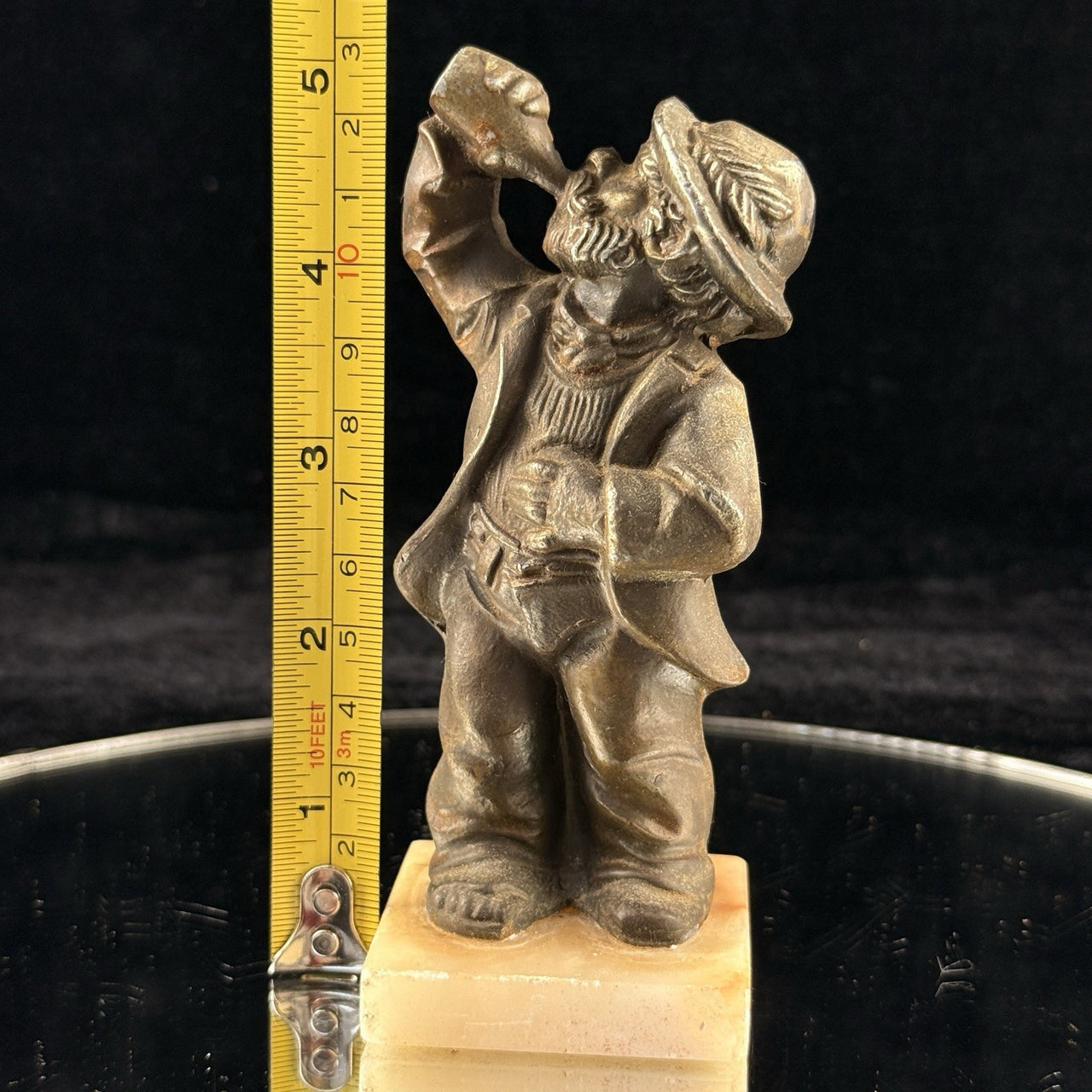 Drunkard Bronze Figurine on Marble Base Man Drinking Bottle 5” Bar Art Vintage16