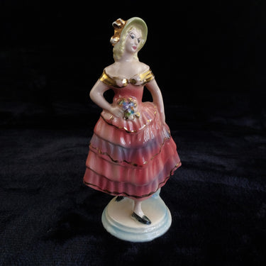 rare Vintage Porcelain Lady Figurine Pink Ruffled Dress Gold Accents Unbranded0