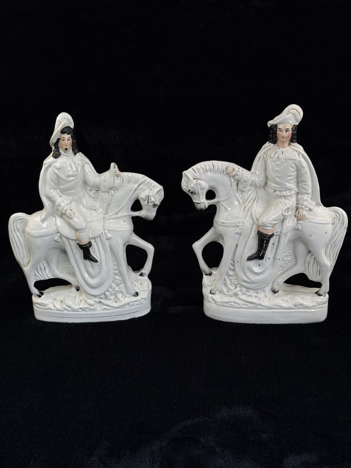 Antique Porcelain Staffordshire Cavalier- Horse Figurine Pair decor see one head17