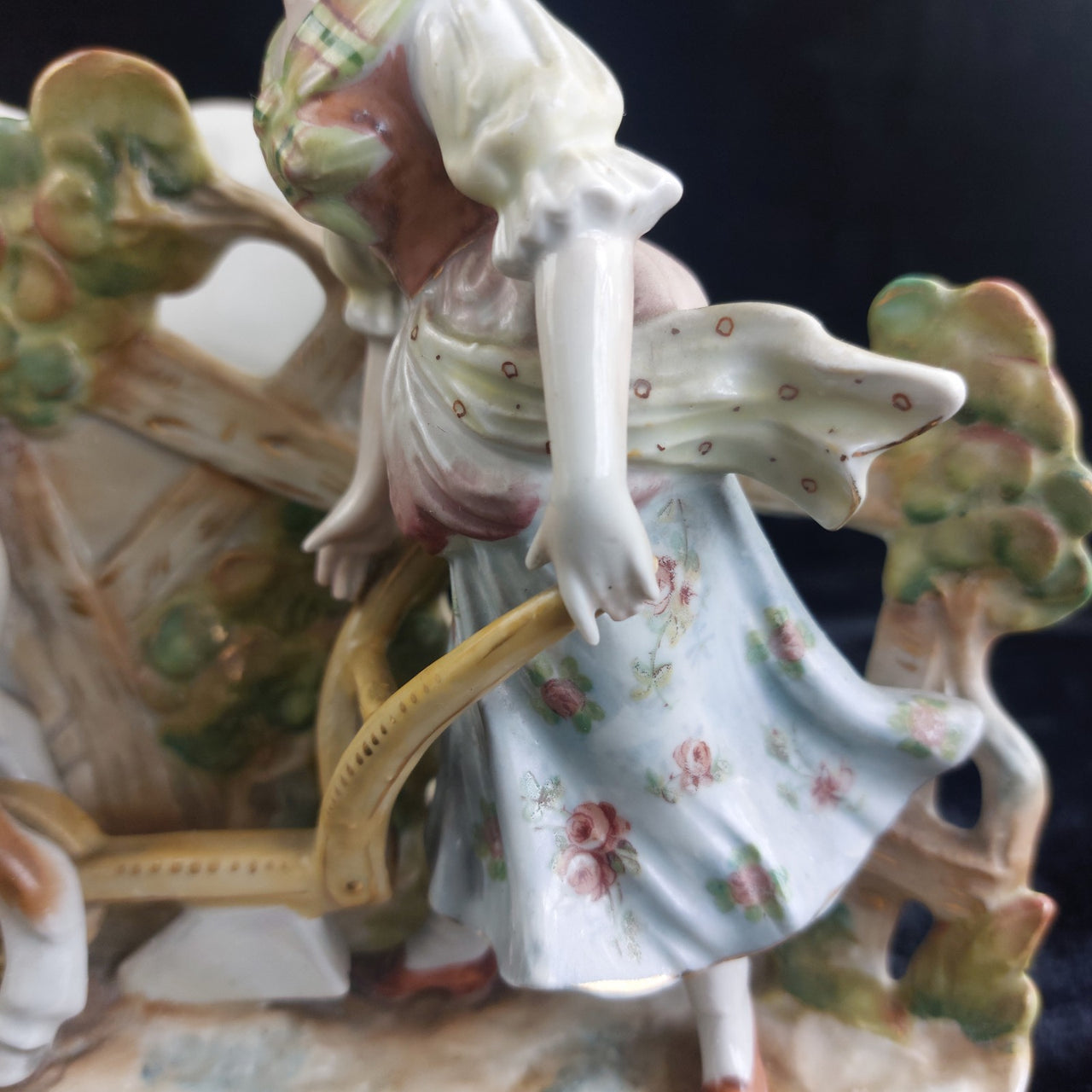 German Antique Porcelain Girl Oxen Cart Planter – Hand Painted 7"x10" 1261g3