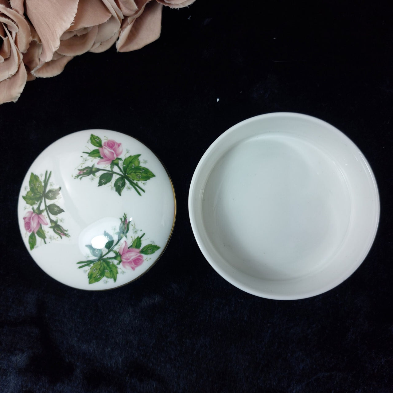Staffordshire Crown Set Porcelain of 2 Small Canister & Trinket Box Fine China7