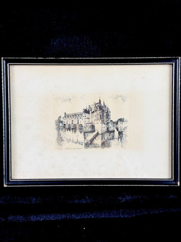 Vintage Château de Chenonceaux Framed Etching Print French Castle Art Drawing0