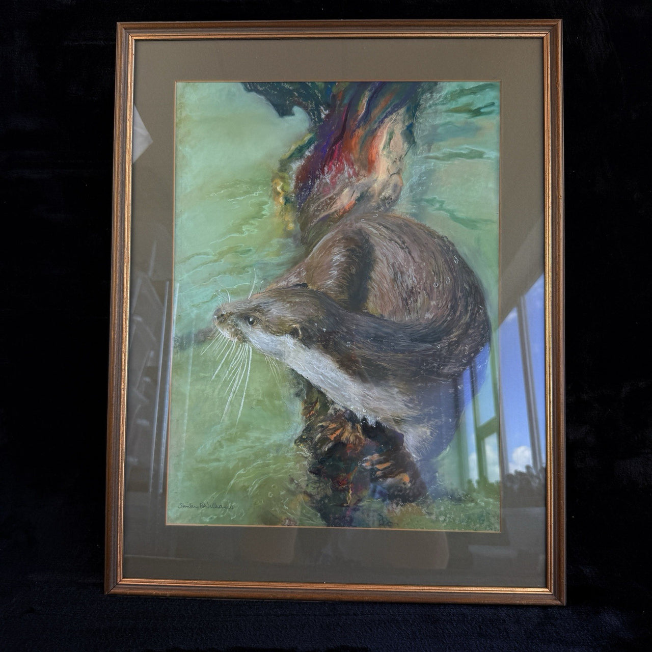 Otter in Water Signed Shirley Williams original Watercolor Painting framed large3
