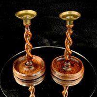 Thumbnail for Antique Twist Barley Wood Candlesticks 8” Pair candle Holders English Brass.1