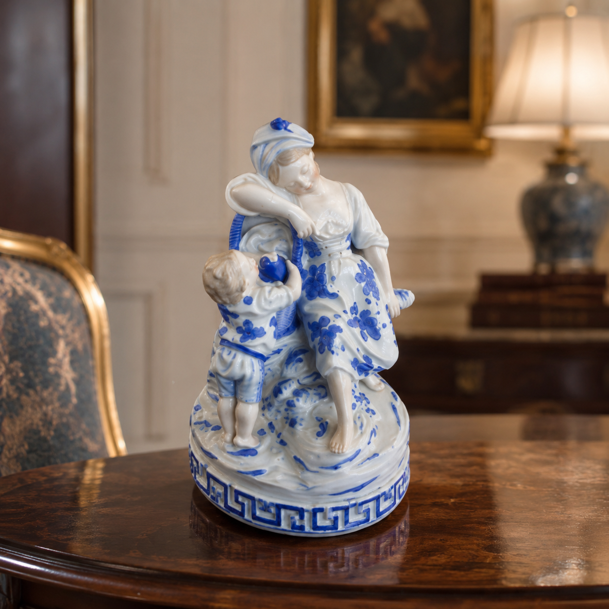 Porcelain Mother Child Figurine Basket Antique German White Blue Ceramic decor17