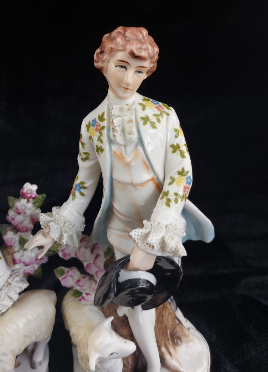 German Porcelain Figurine Pair Shepherdess & Shepherd Sheep 10" gift see pics5