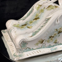 Thumbnail for Antique Porcelain butter dish Tureen Art Nouveau Floral Green Gilt Handle 9