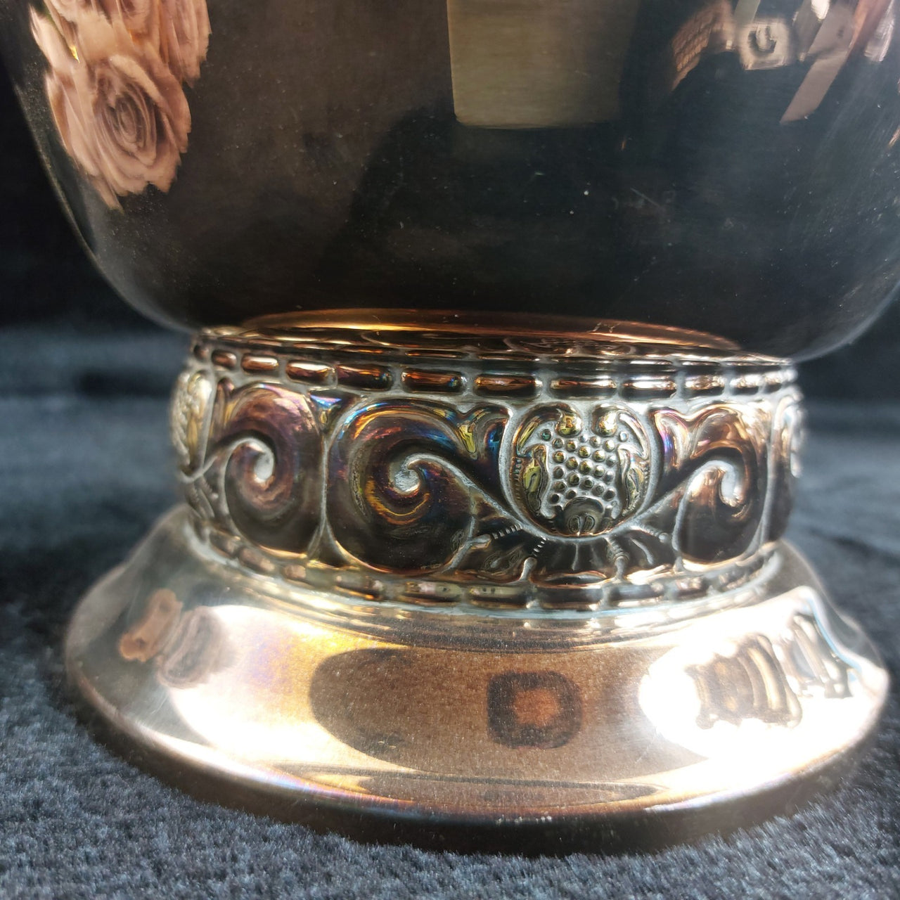 Silverplate Pedestal Bowl Cut Worn 8" Wide Glass Insert Grape Motif Acceptable5