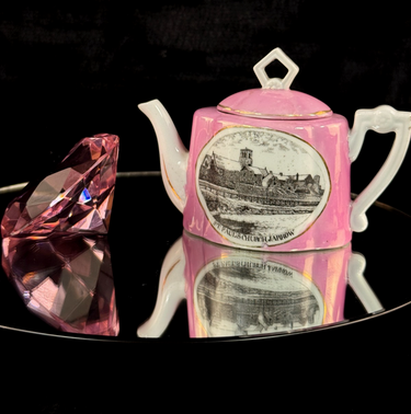 Pink & Clear Collectibles Lot - Miniature Souvenir Teapot & Crystal Diamond Rare0