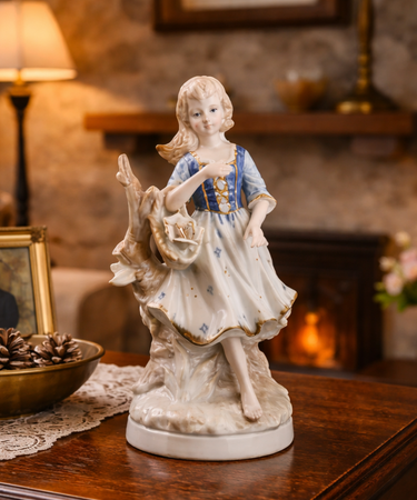 German Porcelain Figurine 8.5in Lady with Rose Blue Gold White see pics decor0