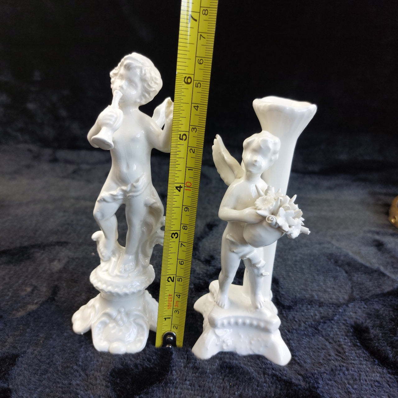 Antique Italy Cherub Figurines Pair 6.5in Porcelain White Trumpet Flowers Damage19