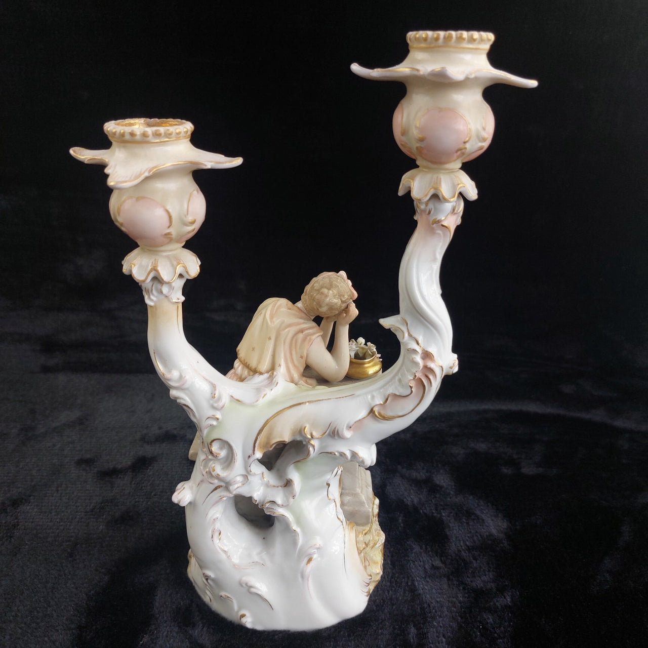 Antique German Victorian Porcelain Flowerscandle hold Candelabra Lady Gold Gilt5