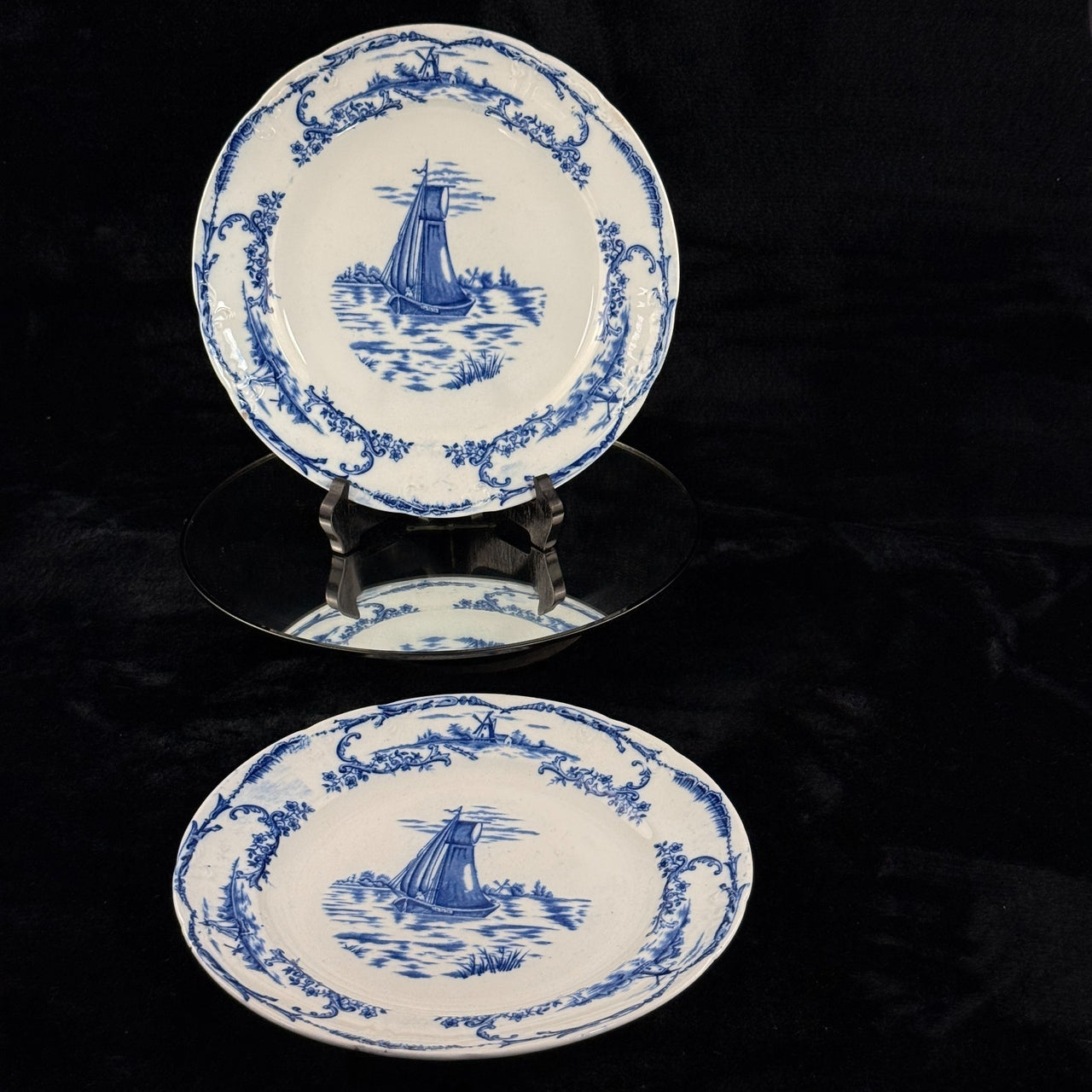 1890s plate antique Delph Blue & White Transferware Plates Sailboat Scene x2 UK9